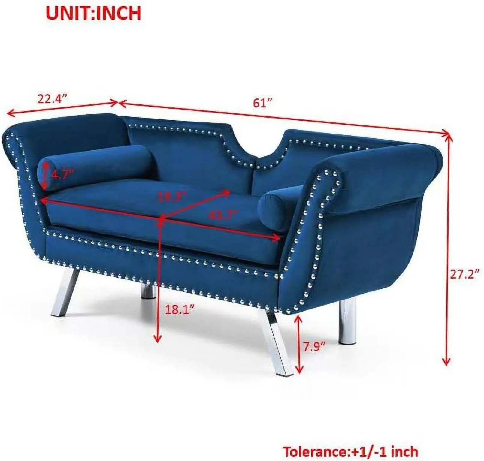 YZboomLife Velvet Ottoman Bench for Bedroom End of Bed Modern Mid-Century Flared Arm Small Loveseat Sofa Couch Rolled Armed Entryway Long Ottoman Benches with Back and Silver Metal Legs (