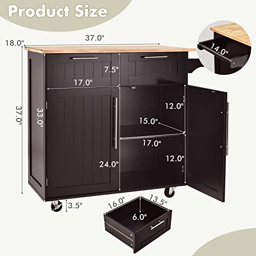 SILKYDRY Kitchen Island with Storage, Kitchen Storage Trolley w/Adjustable Shelves, Rubber Wood Top, Towel Rack, Large Drawers & 2-Door Cabinet, Rolling Kitchen Cart Lockable Island Table