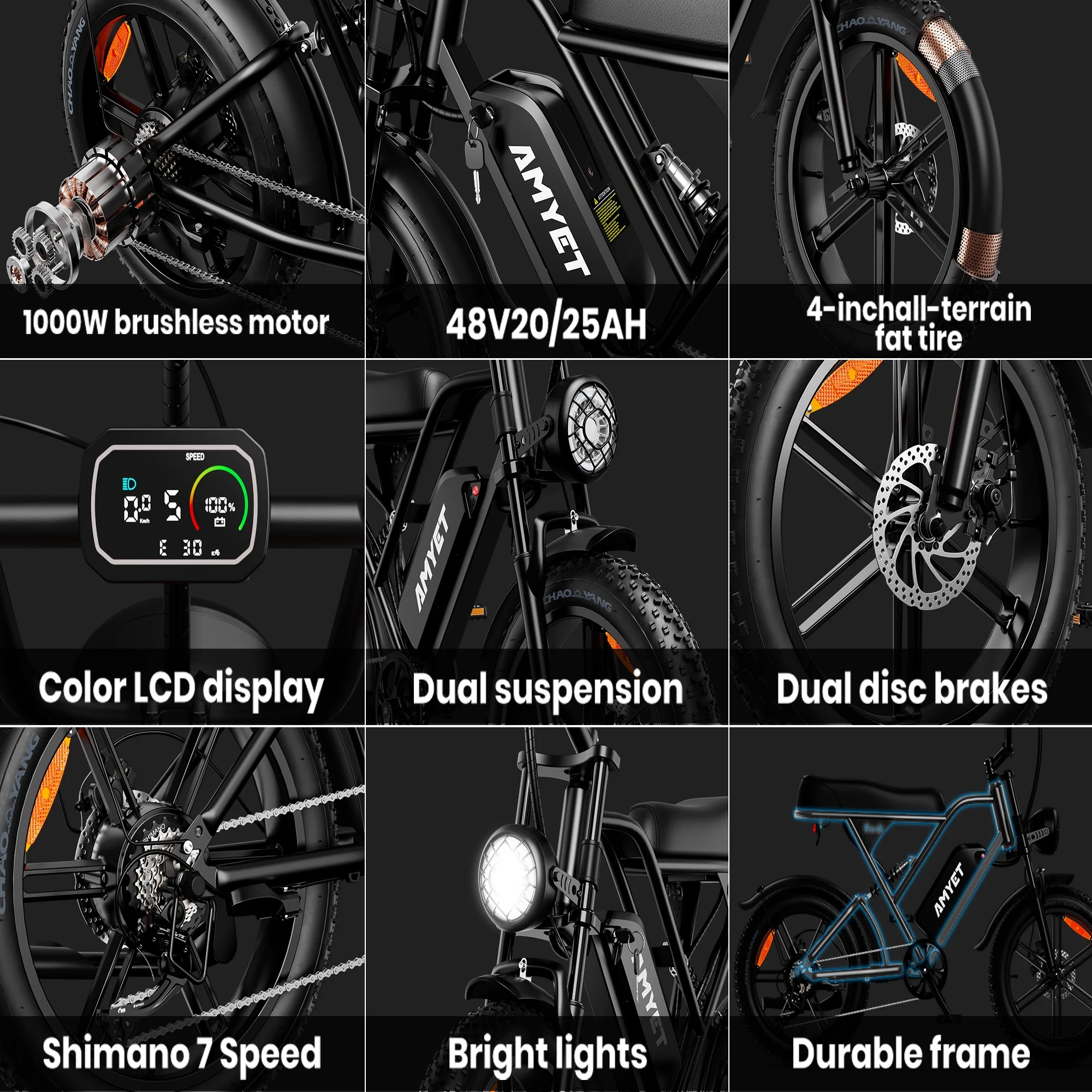 AMYET G60 Electric Bike for Adults,750W Ebike with 48V20Ah Removable Battery,20MPH &70 Miles 7 Speed Gears,20" Fat Tire Electric Bike,Dual Shock Absorber,Adults Electric Bicycle for Men