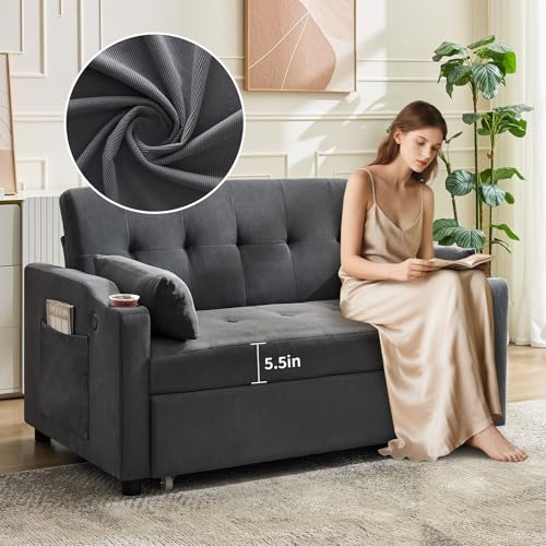 GarveeHome 3 in 1 Convertible Sleeper Sofa Bed, Corduroy Futon Couches with Pull-Out Bed, Adjustable Backrest, Charging Port & Side Pockets, Modern Upholstered Sofa for Living Room, Guest Room