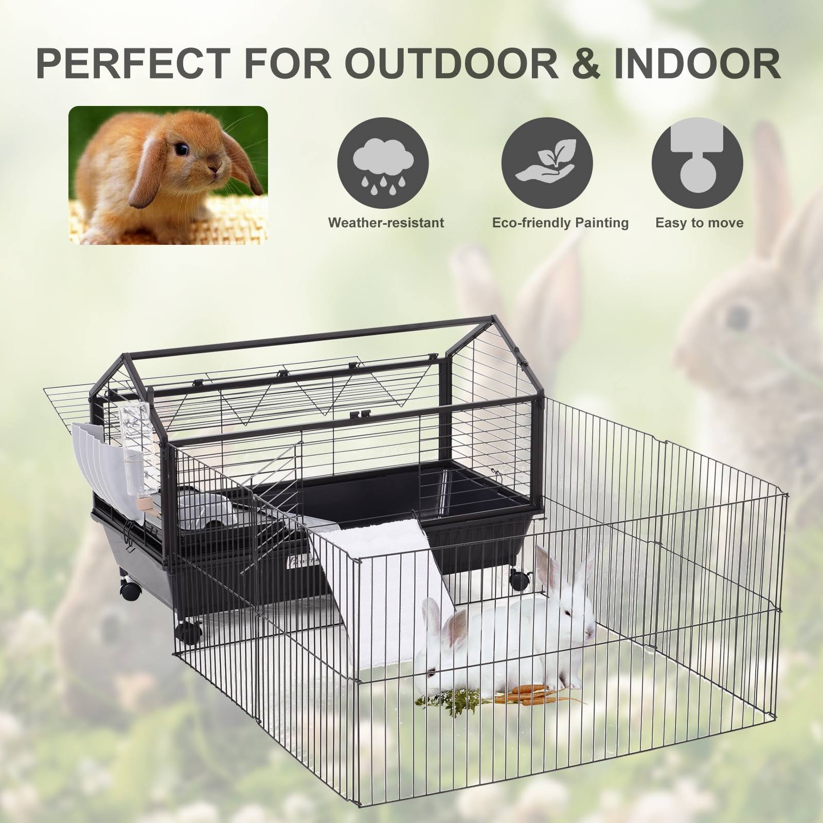 Pawhut Rolling Metal Rabbit Guinea Pig or Small Animal Hutch Cage with Main House and Run 35x22 L