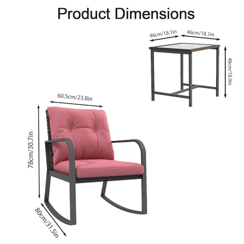 3 Piece Rocking Bistro Patio Set, Outdoor Rocking Chair, Outdoor Bistro Sets Wicker Patio Furniture Rocking Chairs Sectional Couch with Tempered Glass Top Coffee Table & Cushions, Dark Blue