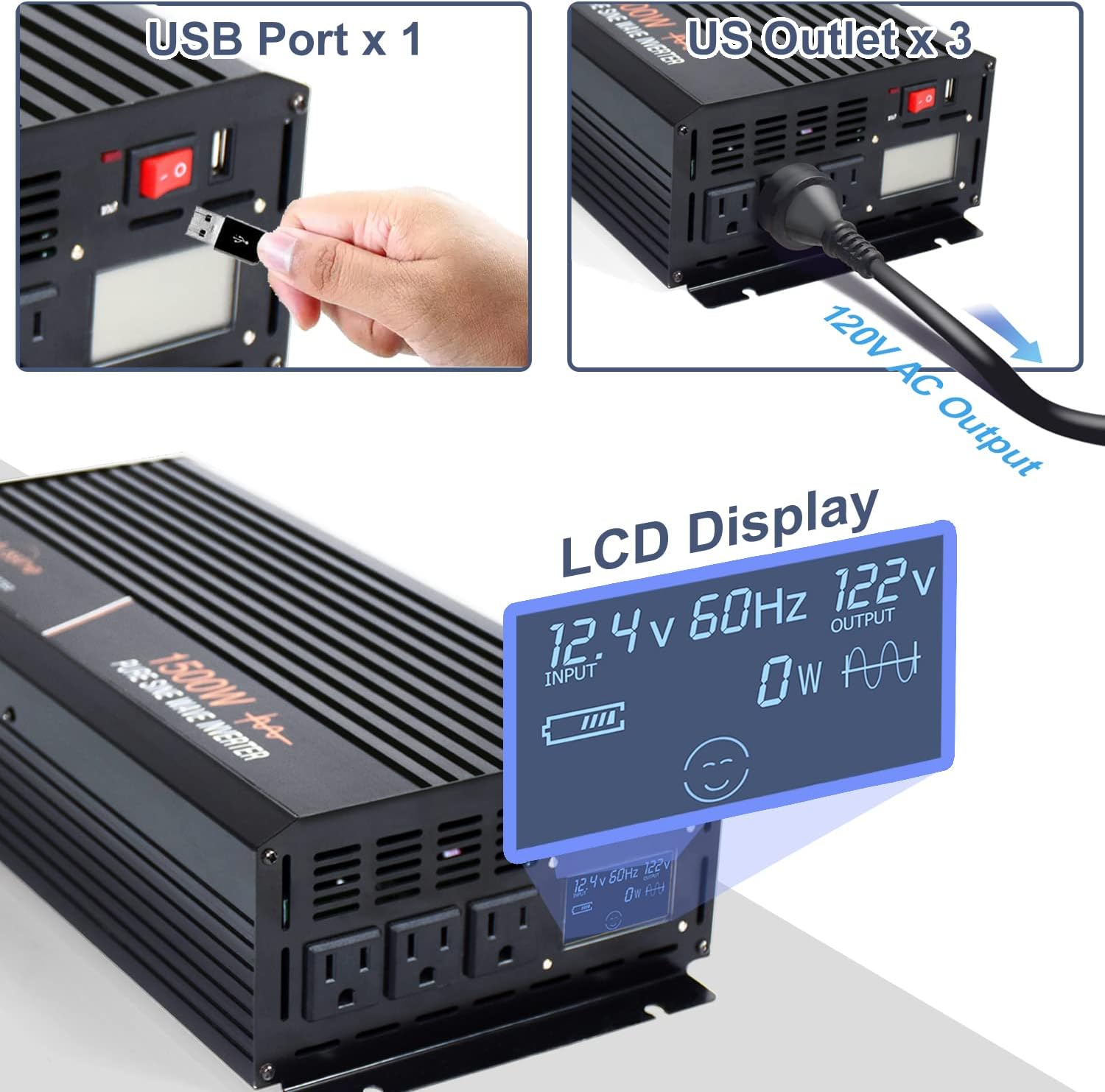 aeliussine Power Inverter 2000W Pure Sine Wave Inverter 12v DC to AC 120v Peak 4000 Watt Converter with LCD Display USB Charge Port for Car RV Boat Solar Power System.&hellip;
