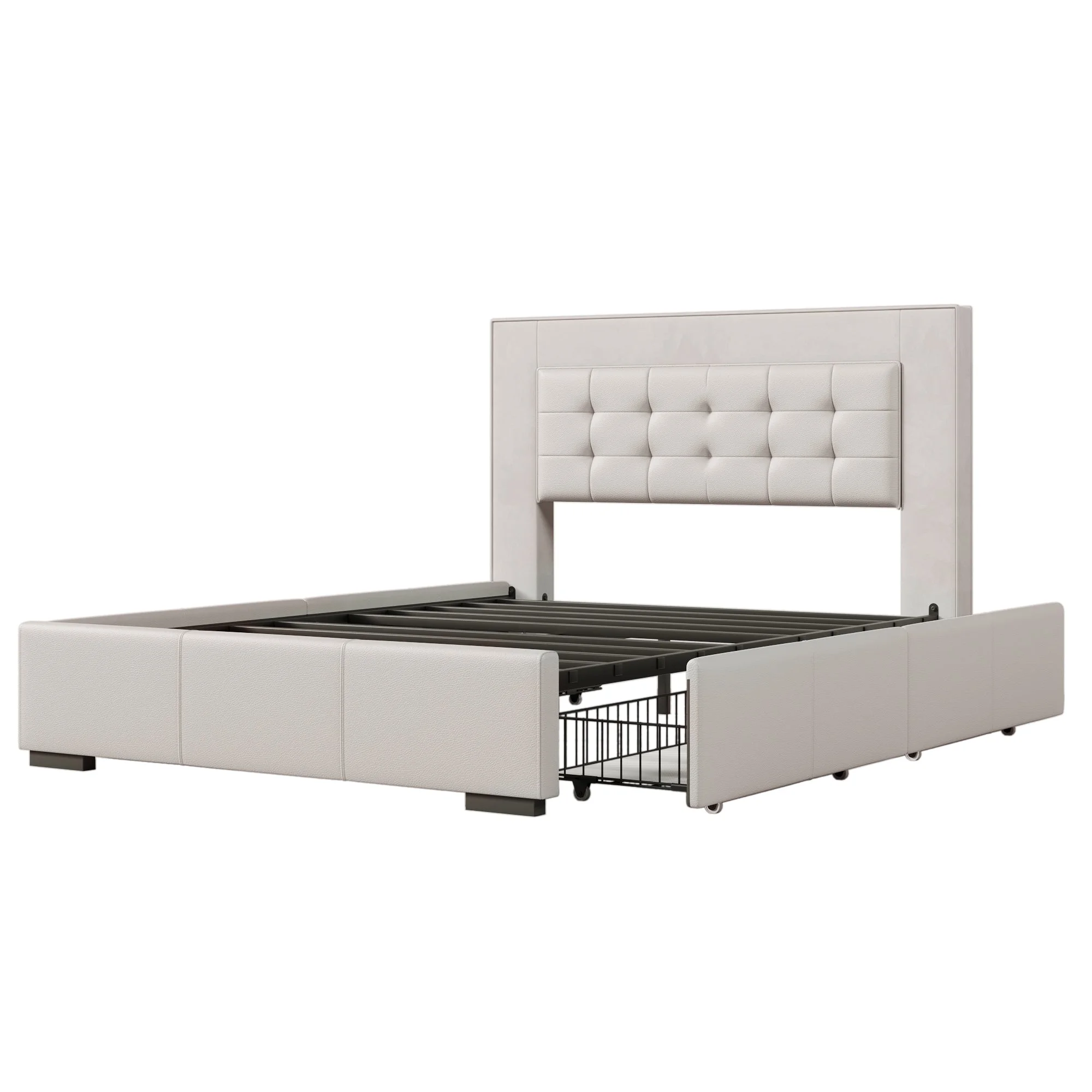 Acer Queen Platform Bed Frame with Four Drawers - Beige