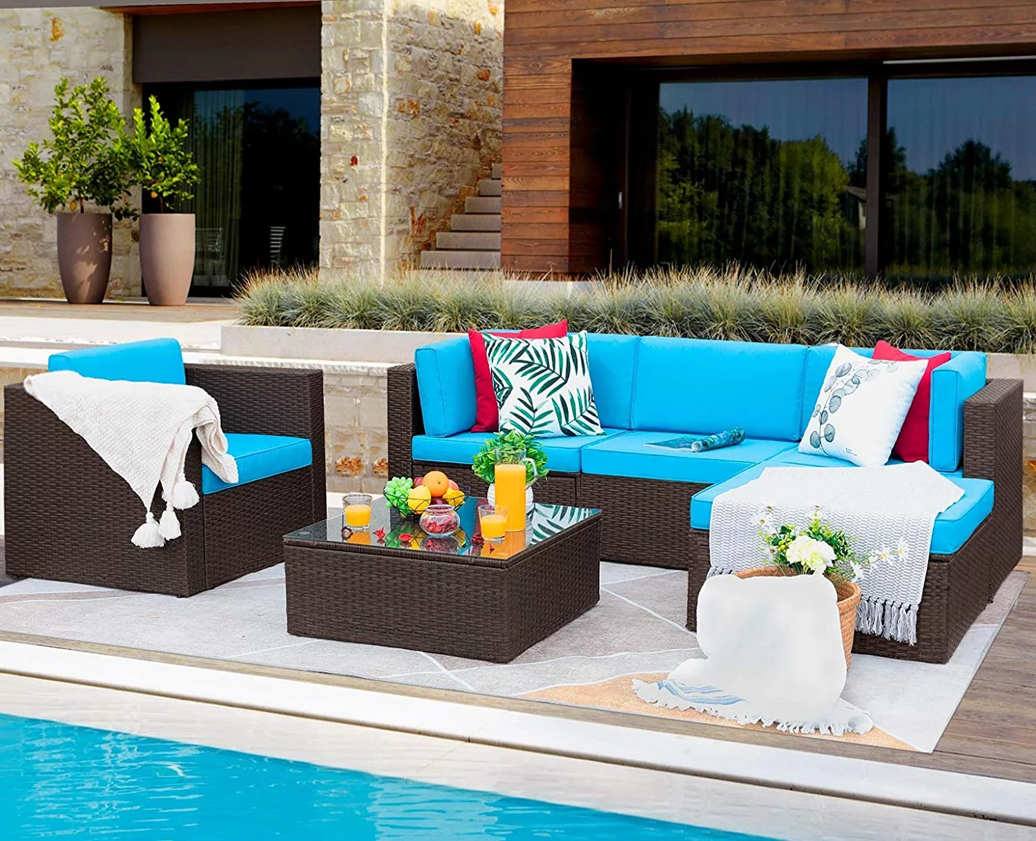 Popular 6 Pieces Patio Furniture Set Outdoor Sectional Sofa Outdoor Furniture Set Patio Sofa Set Conversation Set with Cushion and Table (Beige)