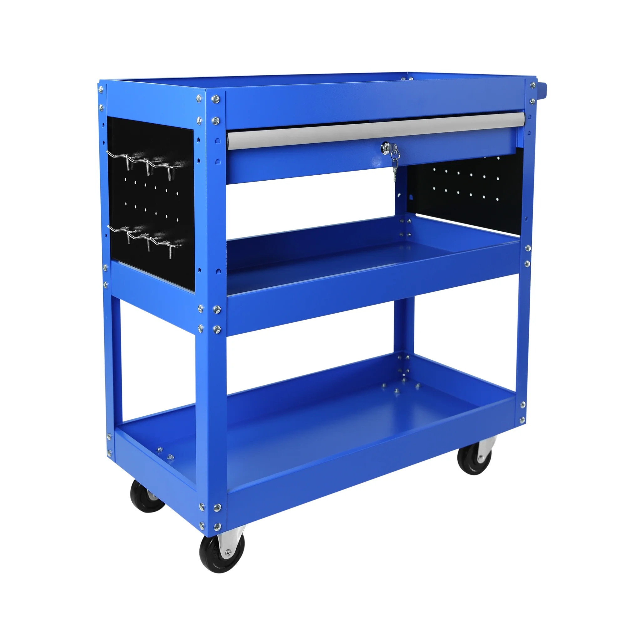 Rolling Tool Cart with Drawer, Seizeen Heavy Duty Utility Cart on Wheels, Garage Workshop Tool Organizer, 3 Tray, 1 Lockable Drawer, 6 Side Hooks