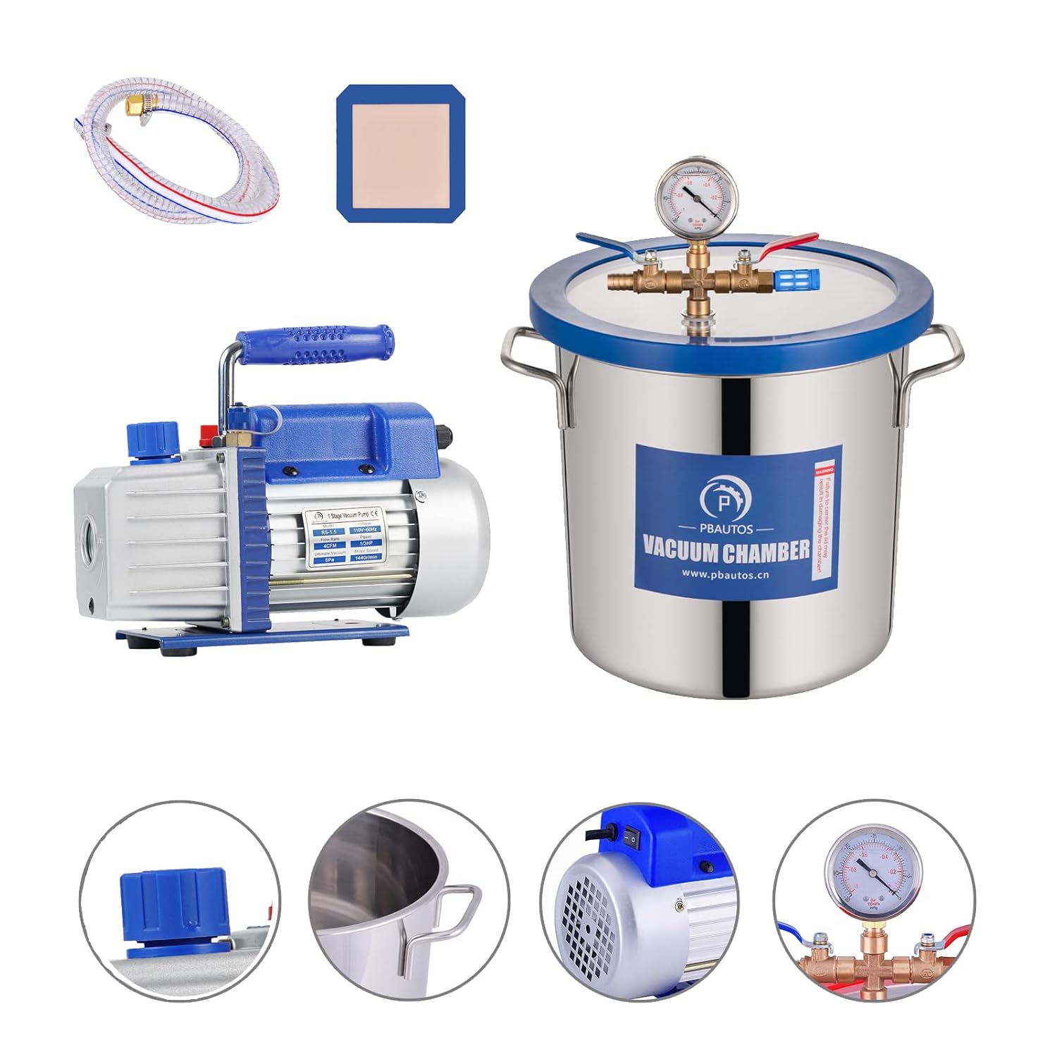 3 Gallon Vacuum Chamber with Pump, Stainless Steel Vacuum Degassing Chamber Kit, Degassing Chamber Kit with 4CFM 1/3HP Single Stage Vacuum Pump & Oil Not for Wood Stabilizing