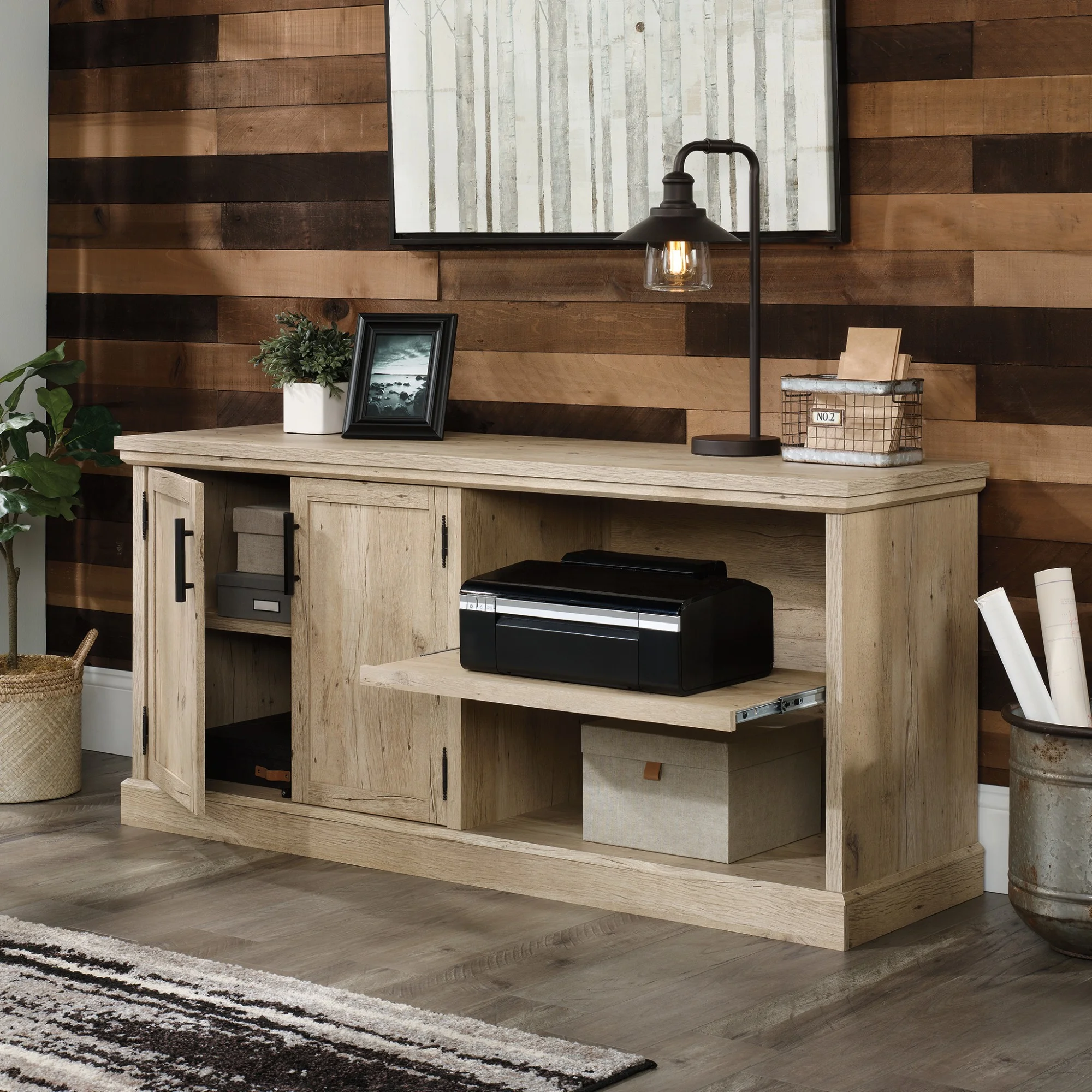 Sauder Aspen Post Engineered Wood Large Office Printer Credenza in Prime Oak