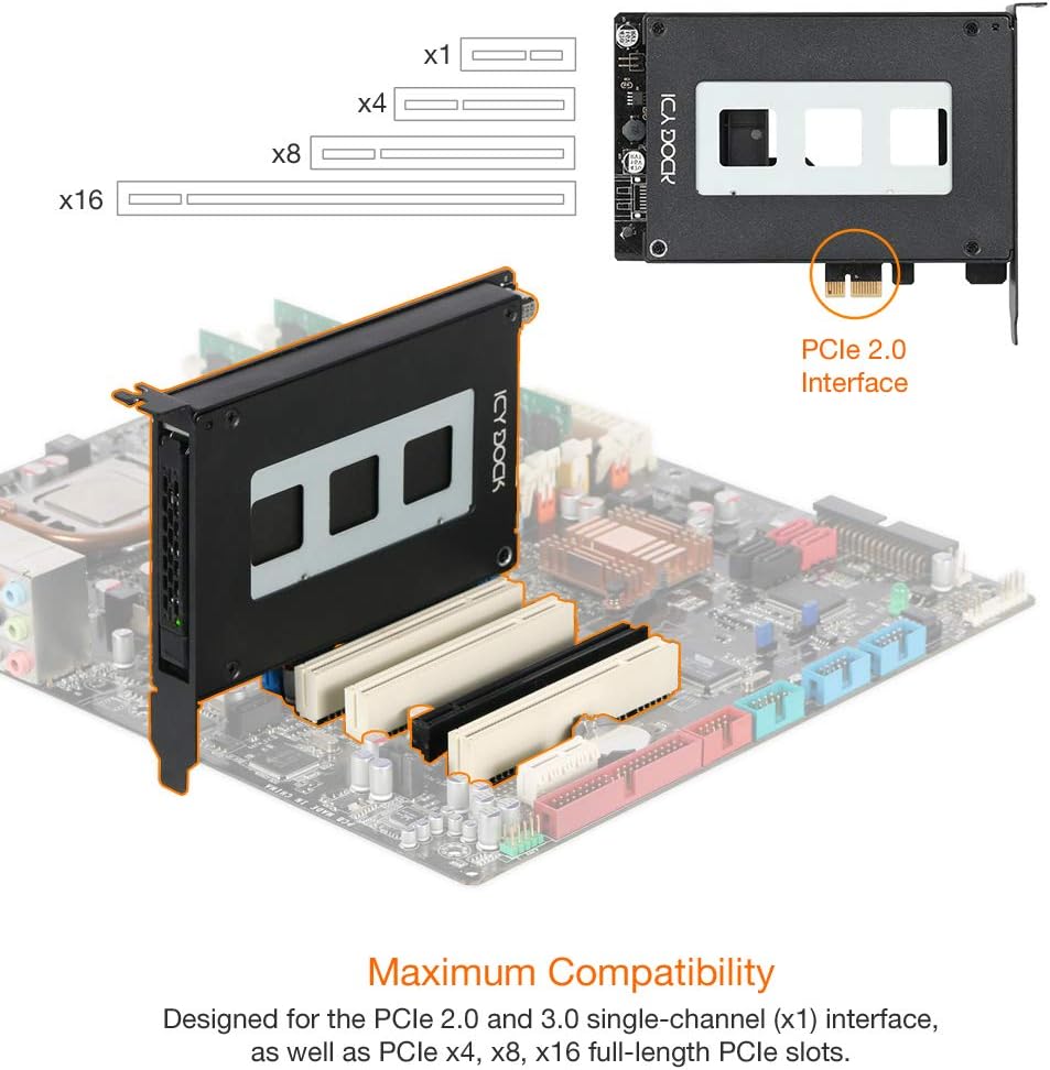 ICY DOCK 2.5” SATA SSD/HDD to PCIe 2.0 x1 Hot-Swap Mobile Rack for PCIe Expansion Slots | ToughArmor MB839SP-B Pack of 2