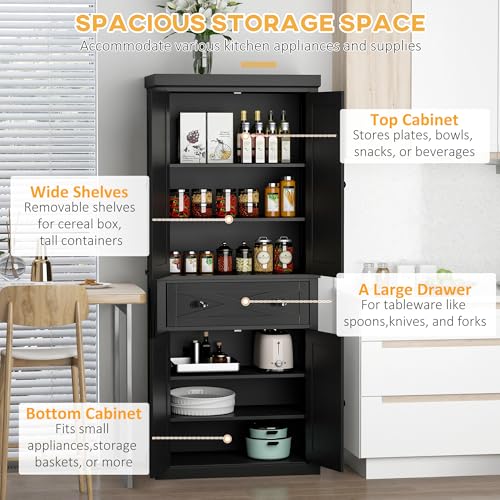 HOMCOM 72" Kitchen Pantry Storage Cabinet, Traditional Freestanding Cupboard with 4 Doors and 3 Adjustable Shelves, Large Central Drawer, X-Frame, White