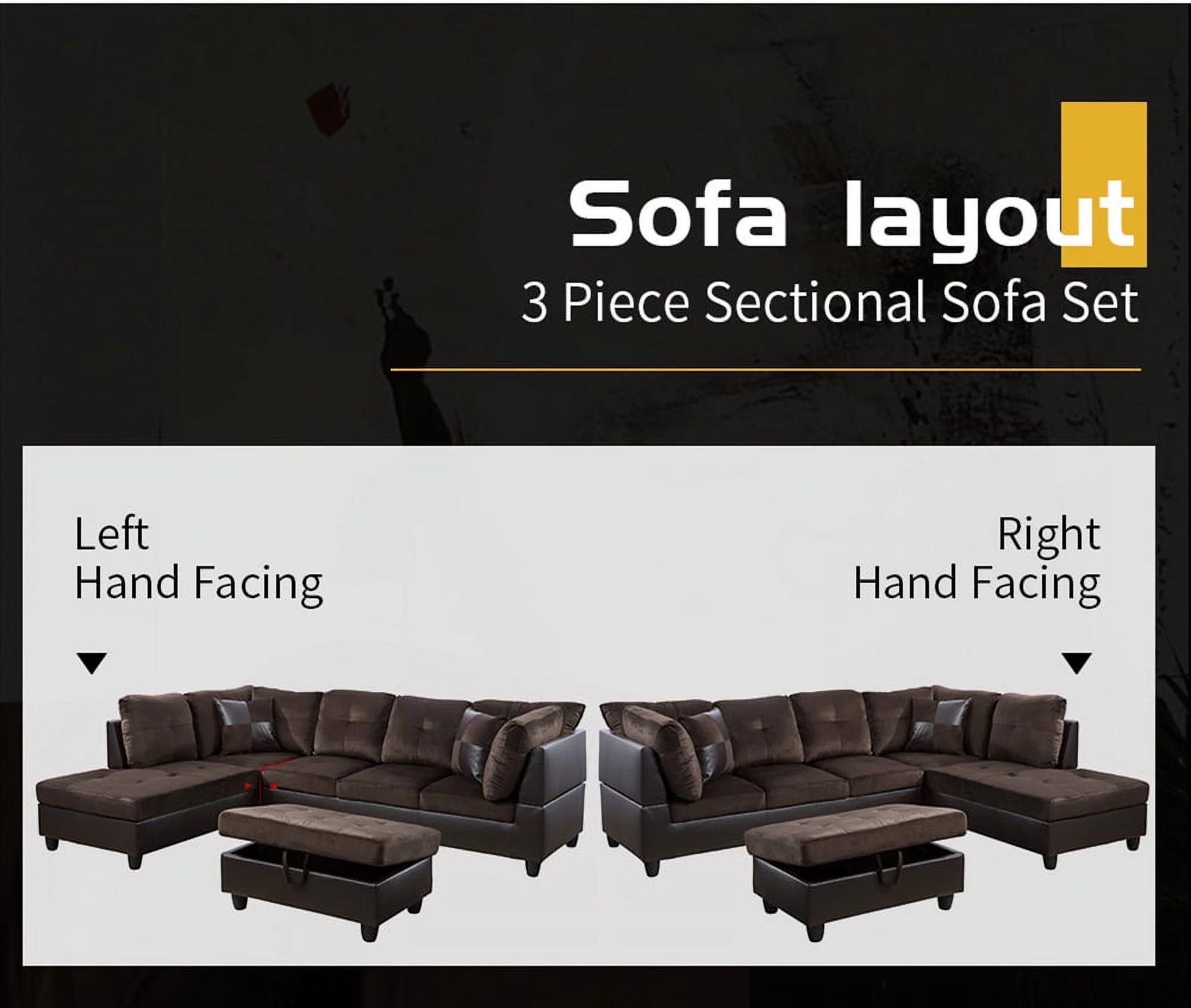 PonLiving Furniture Waverly 103.5'' Right & Left Hand Facing Sectional Sofa with Storage Ottoman, Microfiber & Leather Upholstered
