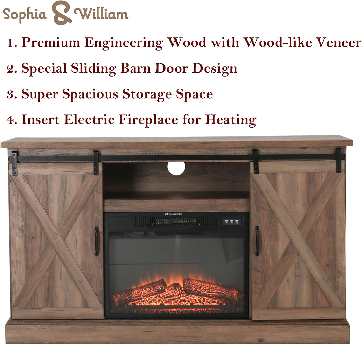 Sophia & William Farmhouse Electric Fireplace TV Stand for TV's Up to 65, Accent Decorative Barn Door Storage Cabinet Chest with 23 Insert Fireplace for Living Room Bedroom Home Office, Burlywood