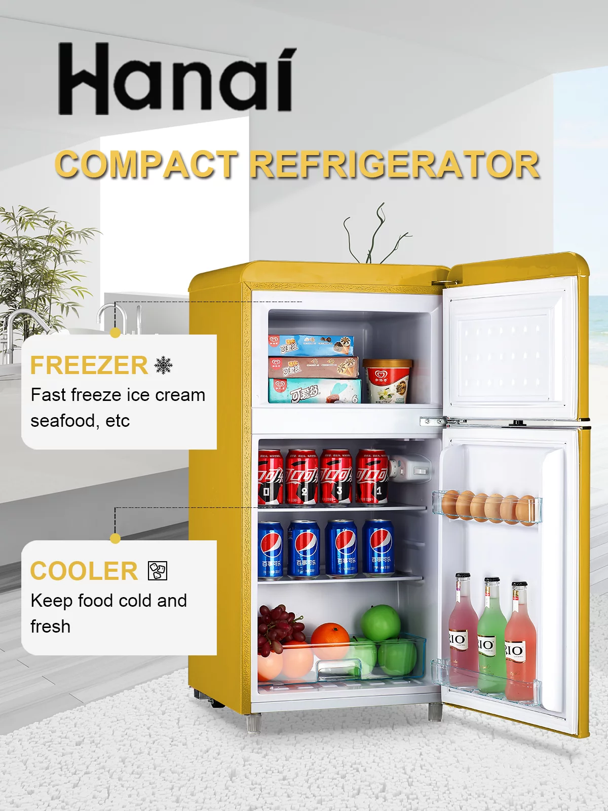 Compact Refrigerator Mini Fridge with Freezer, 3.2 Cubic Feet Retro Dual Door Small Refrigerator by WANAI with 7 Temp Modes, LED Lights, Removable Shelves, Ideal for Bedroom, Dorm, Office, Apartment