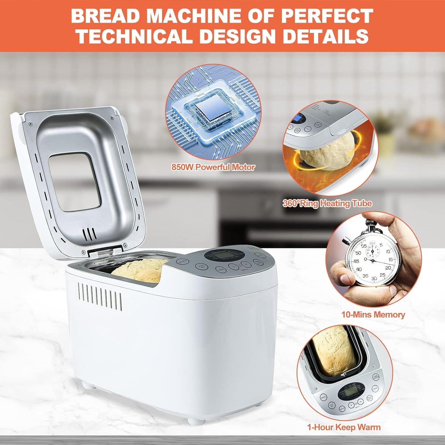 3.5LB Bread Maker Machine 15-in-1 Automatic Bread Machine with Dual Kneading Paddles Breadmaker with Touch Panel&LCD Display,Gluten Free Setting,3 Loaf Sizes 3 Crust Colors,White