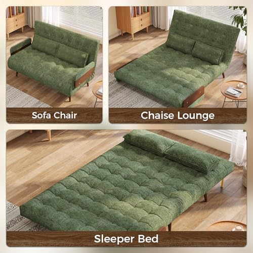 3-in-1 Convertible Chair Bed Sleeper for Adults, Linen Convertable Sleeper Chair with Wooden Arms & Pillows, Foldable Single Futon Sofa Bed (Mid Century with Walnut Arm, 36.6" Wide)