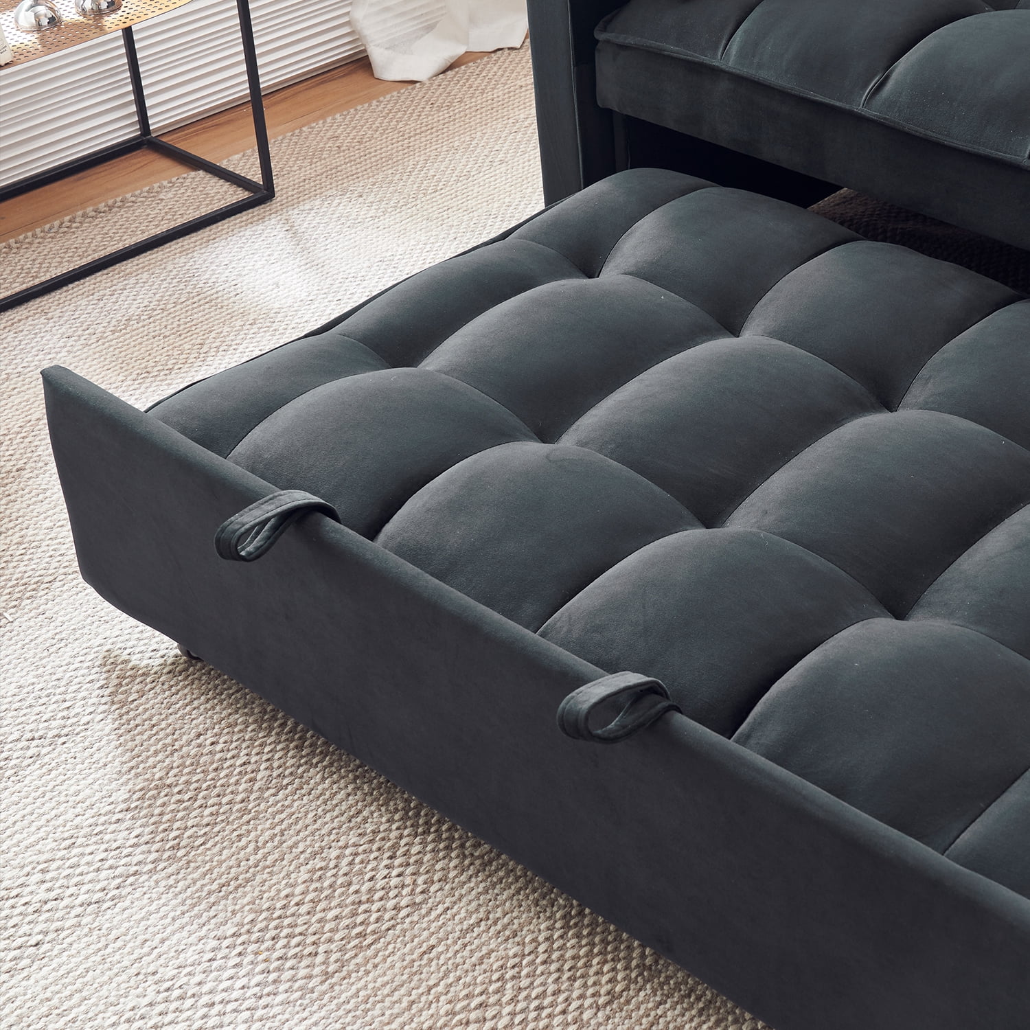 Tzicr 55.5'' 3-in-1 Convertible Sleeper Sofa Bed, Modern Velvet Loveseat Futon Couch Pullout Bed with Adjustable Backrest, Side Storage Pockets and Pillows. (Black) - Curated Treasures Market