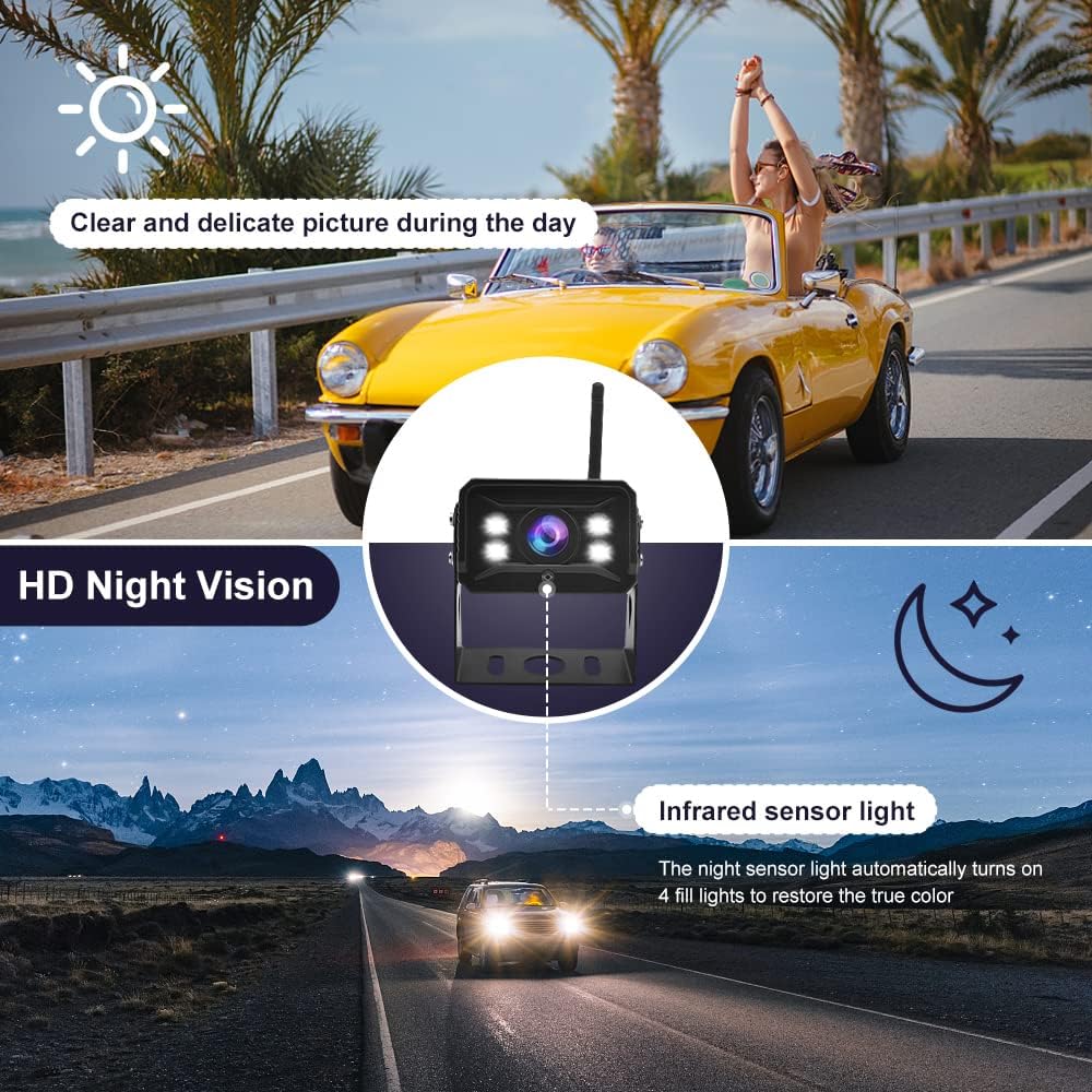 Digital Wireless Backup Camera System Kit IP69 Waterproof Wireless Rear View Camera HD 1080P with 7&ldquo; TFT LCD Monitor and Super Night Vision for Car,Trucks,RV,Travel Trailer,Camper Van