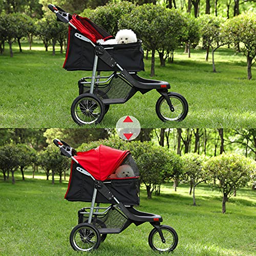 VIAGDO Premium Heavy Duty Dog Stroller for Small Medium Dogs & Cats, 3-Wheel Pet Stroller, Foldable Cat Strollers with Suspension System/Link Brake/One-Hand Fold, Max. Loading 55 LBS Black Red