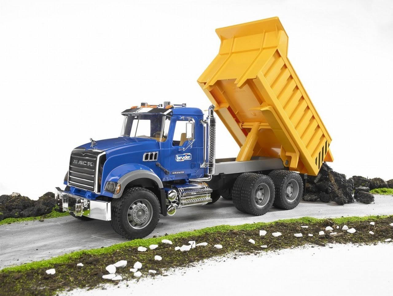 Bruder Toys Mack Granite Dump Truck w/ Functioning Bed in 1:16 Scale, Yellow/Blue/Gray/Black