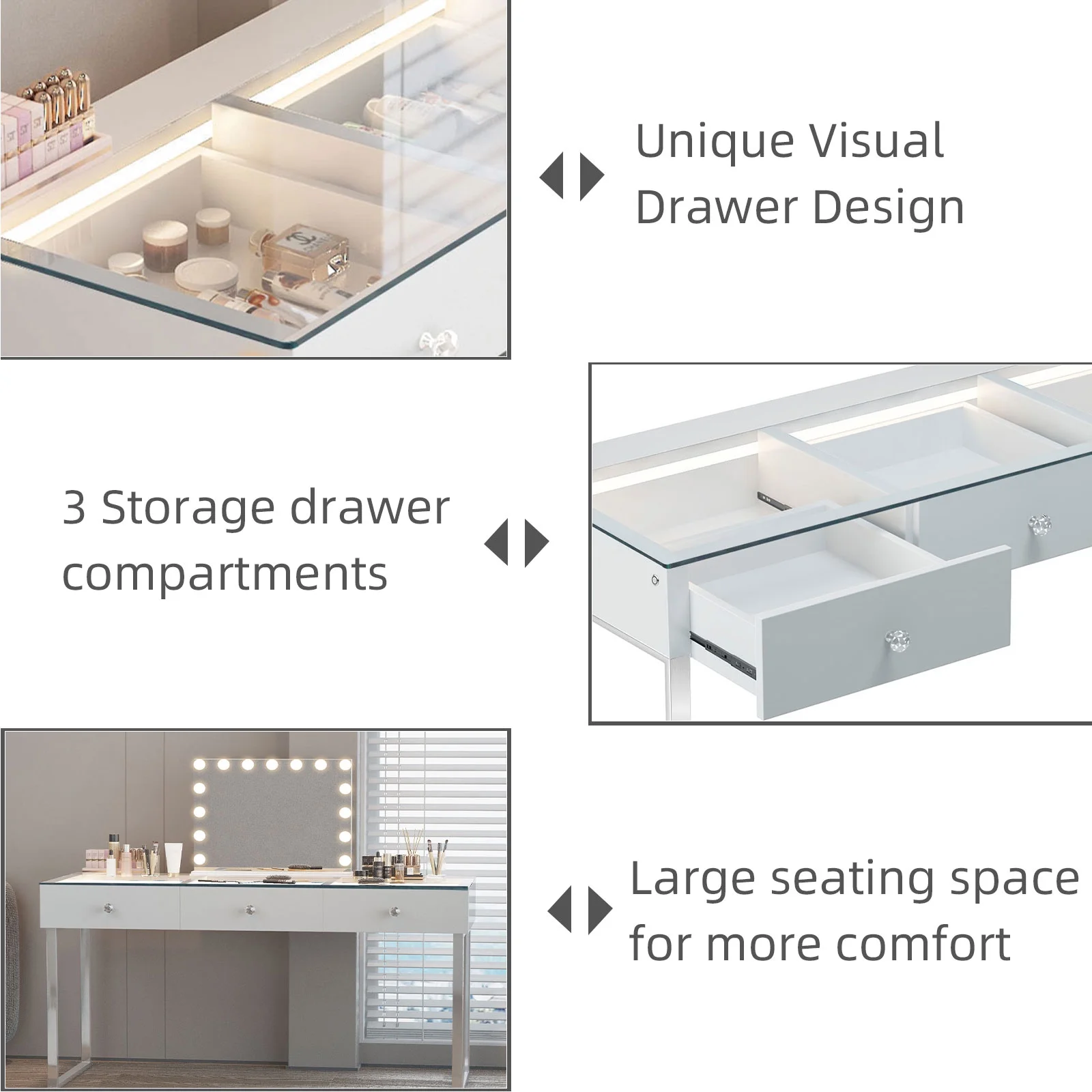 VANITII 3-Drawer Modern Makeup Vanity Table LED Light Charging Port Stainless Glass Vanity Desk