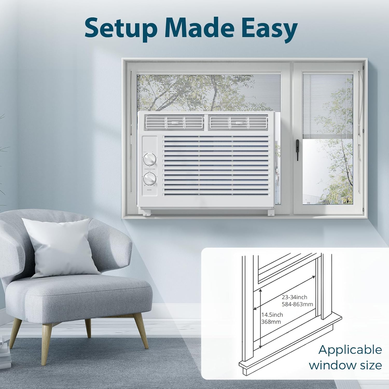Antarctic Star Window Air Conditioner, 7 Temp Dial, Cools up to 150 Sq.Ft. —2 Modes, Cooling and Fan mode, Full Window View Low Noise Quiet Operation, Adjustable Louvers, White