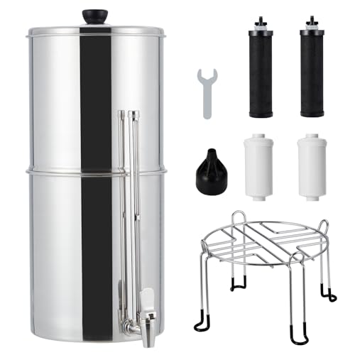 Gravity-fed Water Filter System, 2.25G Stainless Steel Countertop Water Filter System with 2 Black Carbon Filters, Metal Water Level Spigot and Stand, for Home, Camping