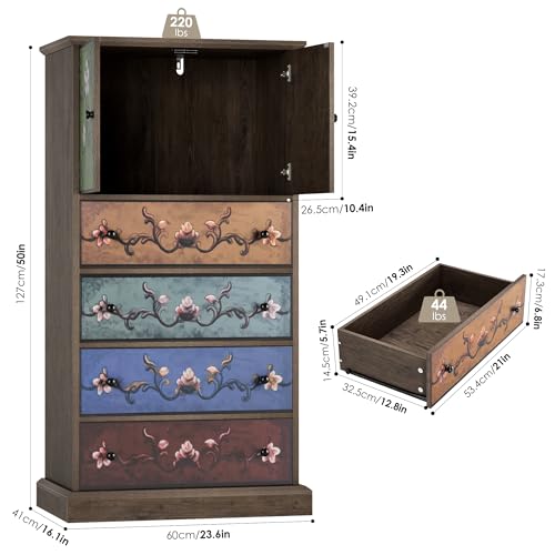 FINETONES 50’’ Tall Dresser, Boho Dresser Vintage Dressers with 4 Drawers and 2 Doors, Wood Chests of Drawers for Home, 16.1D x 23.6W x 50H Inch