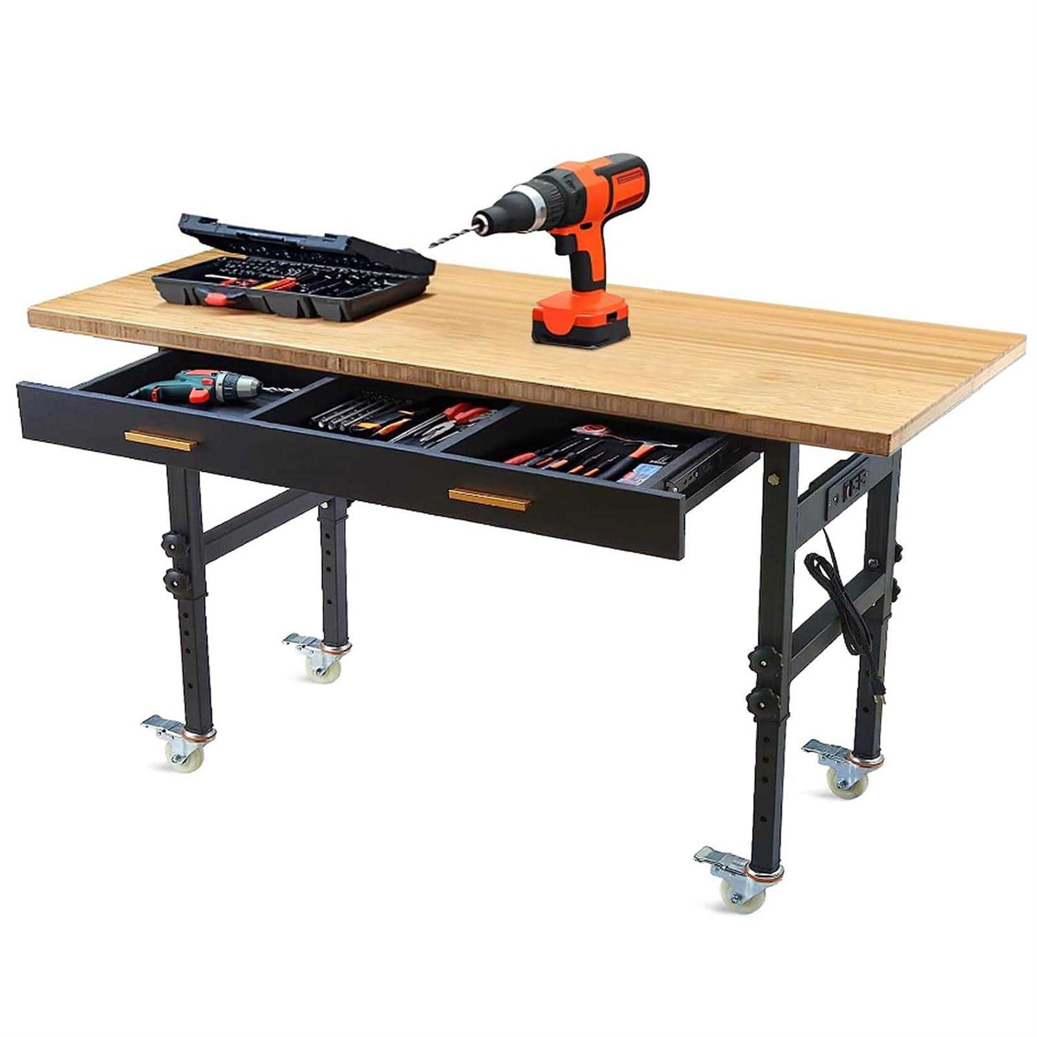Work Bench, Adjustable Workbench with Drawer Storage, Heavy Duty Bamboo Wood Work Table with Power Outlet and Wheels for Garage Home Office - Shop Hardware Tools Online Store