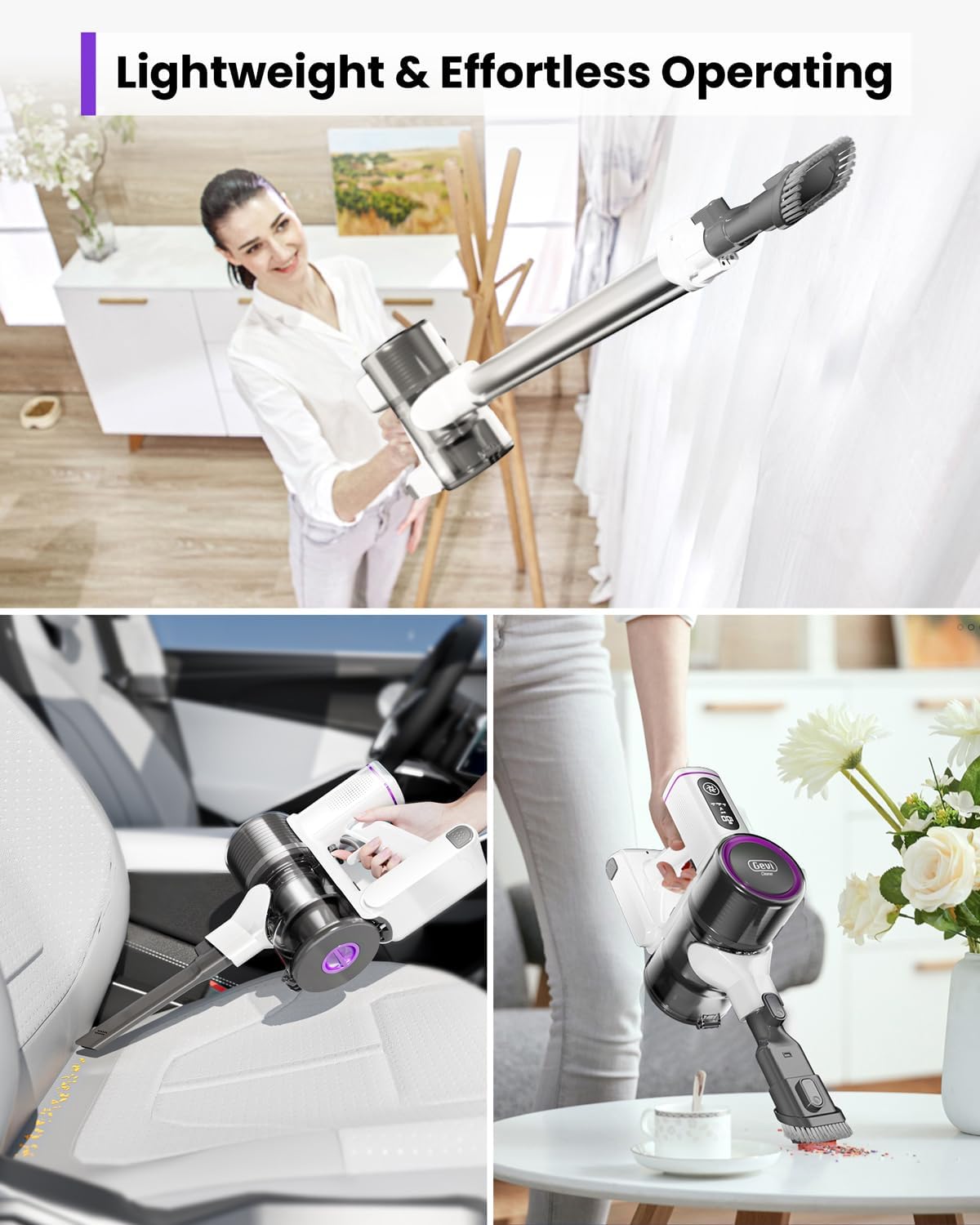 Cordless Vacuum Cleaner with 2 Detachable Batteries | Up to 90 Mins Lightweight Vacuum | 3 Suction Modes for Hard Floor Carpet