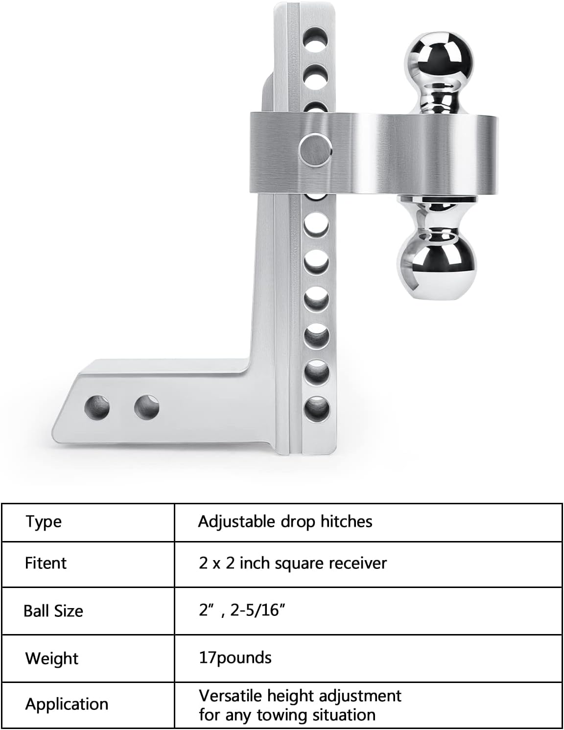 PLIOSAUR Adjustable Trailer Hitch Ball Mount, 2-Inch Receiver, 6-Inch Drop, 6-Inch Rise, 2-Inch and 2-5/16-Inch Dual Towing Balls with Double Pin Key Locks