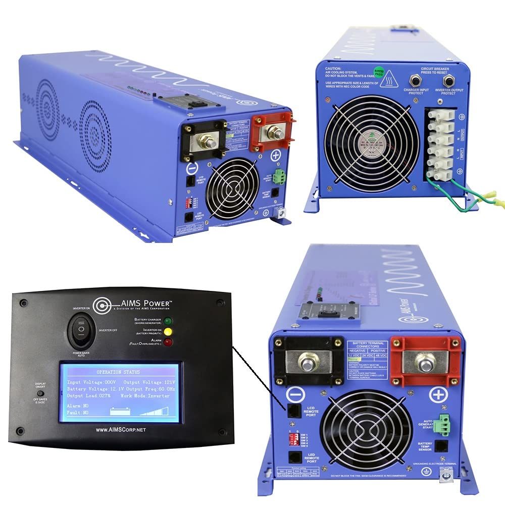AIMS Power 6000 Watt / 18000 Watt Peak Pure Sine Inverter Charger 48 Volt DC to 120 Volt AC with LCD Remote