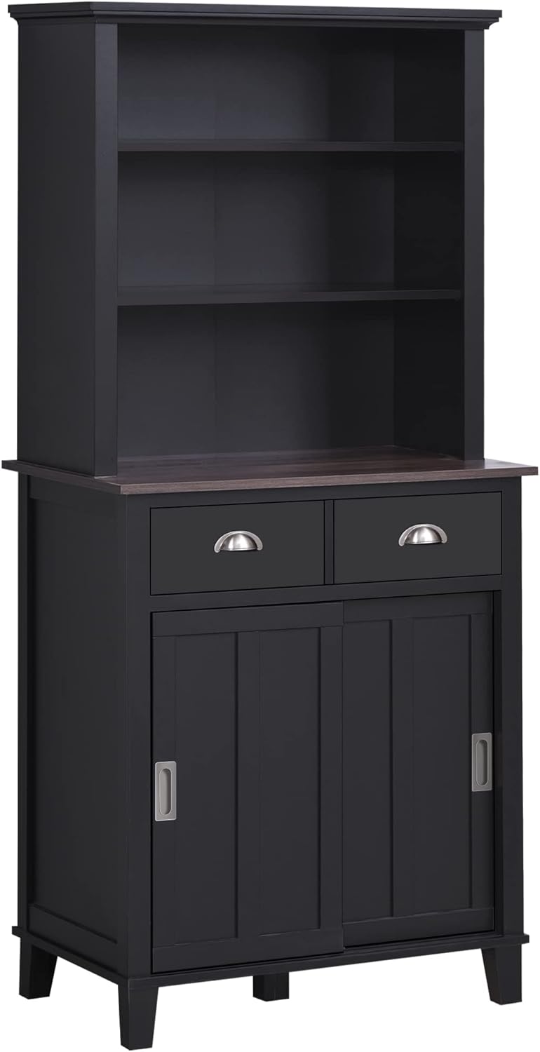 HOMCOM 67 Freestanding Buffet with Hutch, Kitchen Cupboard Storage Cabinet with Sliding Doors, Drawers and Open Shelves, Adjustable Shelving, White