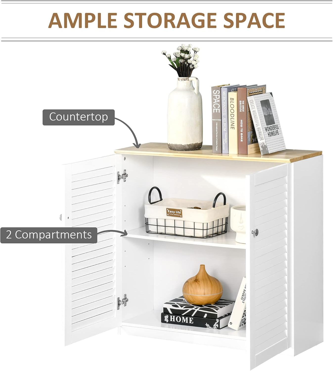 HOMCOM Storage Cabinet Kitchen Sideboard with Louvered Doors, Freestanding Floor Cabinet for Living Room, Hallway, White