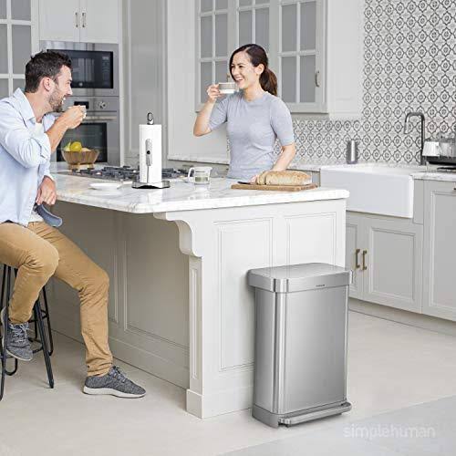 simplehuman 45 LITER Rectangular Kitchen Step Soft-Close, Brushed Stainless Steel with Plastic Lid Hands-Free Trash Can