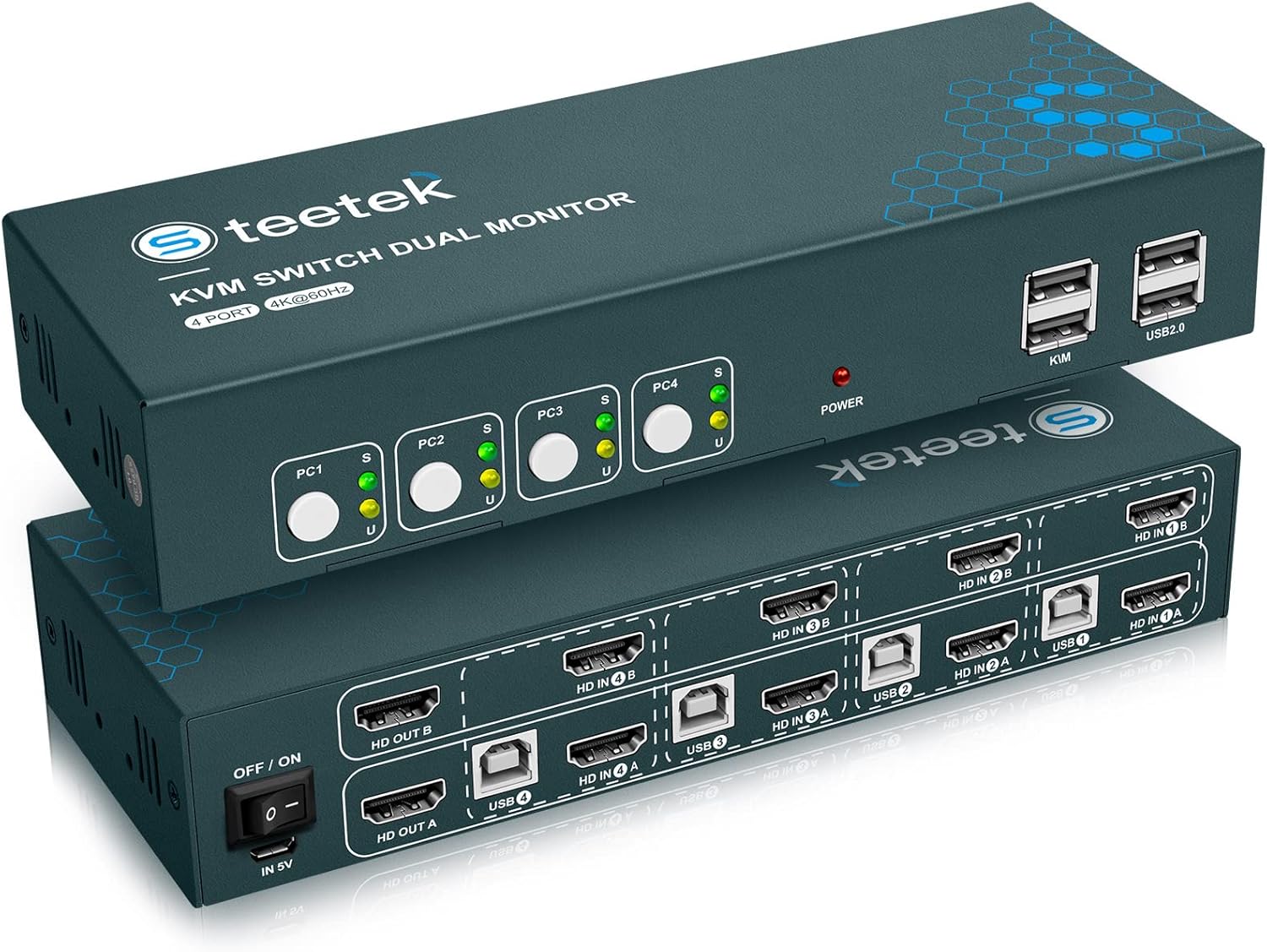 KVM Switch Dual Monitor 4 Port HDMI, 4K@60Hz (YUV 4:4:4) Extender Display. 4 Computers 2 Monitors and Keyboard Mouse by Hotkey Switch Control, 2 USB 2.0, 4 in 2 Out with 8 HDMI and 4 USB Cables