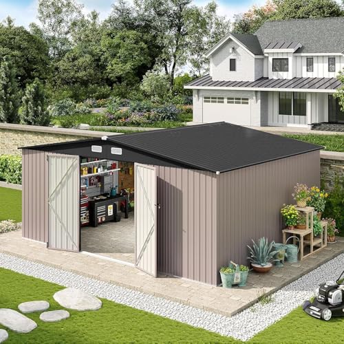 Aoxun 10 x 12FT Outdoor Storage Shed with Double Hinged Large Door Utility Garden Shed with Lockable Door & Sloped Roof Metal Sheds Outdoor Storage for Garden, Backyard, Patio and Backyard, Brown