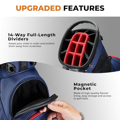 14 Way Dividers Golf Stand Bag Lightweight, Golf Bag for Men Women with Multiple Pockets, Dual Strap and Rain Cover Hood
