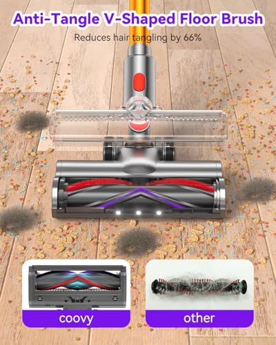 Coovy Cordless Vacuum Cleaner SU7, 580W 45Kpa 75 Minutes Runtime Stick Vacuum with Touch Screen, Anti-Tangle Wireless Powerful Lightweight Vac for Home Pet Hair Carpet Hardwood, Gold