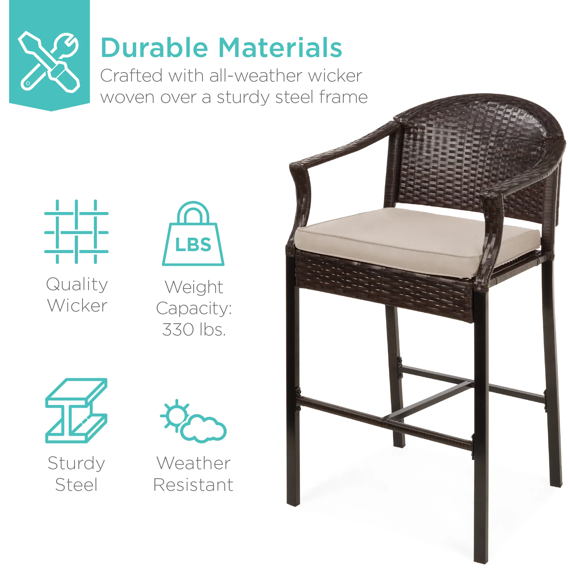 Best Choice Products 3-Piece Outdoor Wicker Patio Bar Table Bistro Set w/ Barstools, Steel Frame - Brown/Beige