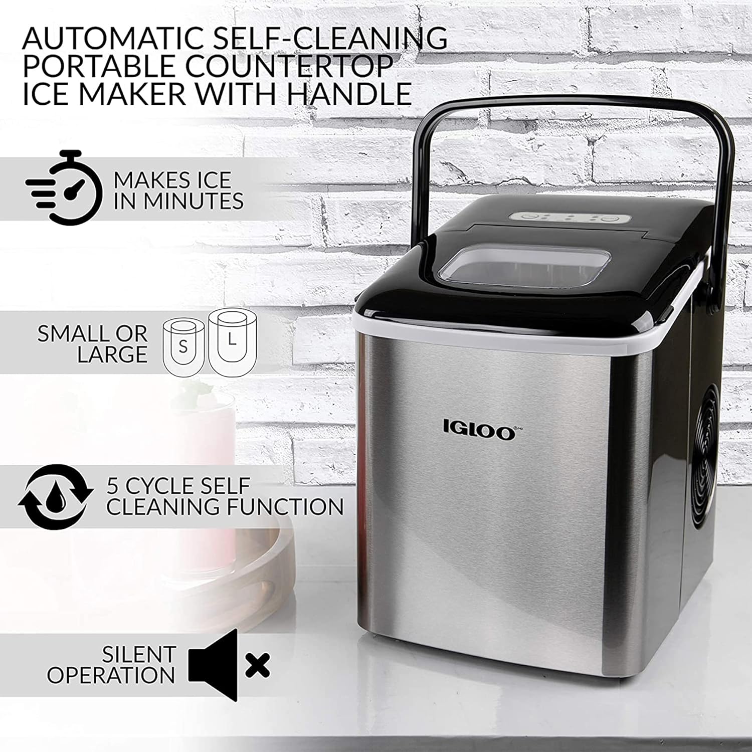 Igloo ICEB26HNSS Automatic Self-Cleaning Portable Electric Countertop Ice Maker Machine With Handle, 26 Pounds in 24 Hours, 9 Ice Cubes Ready in 7 minutes, With Ice Scoop and Basket, Stainless