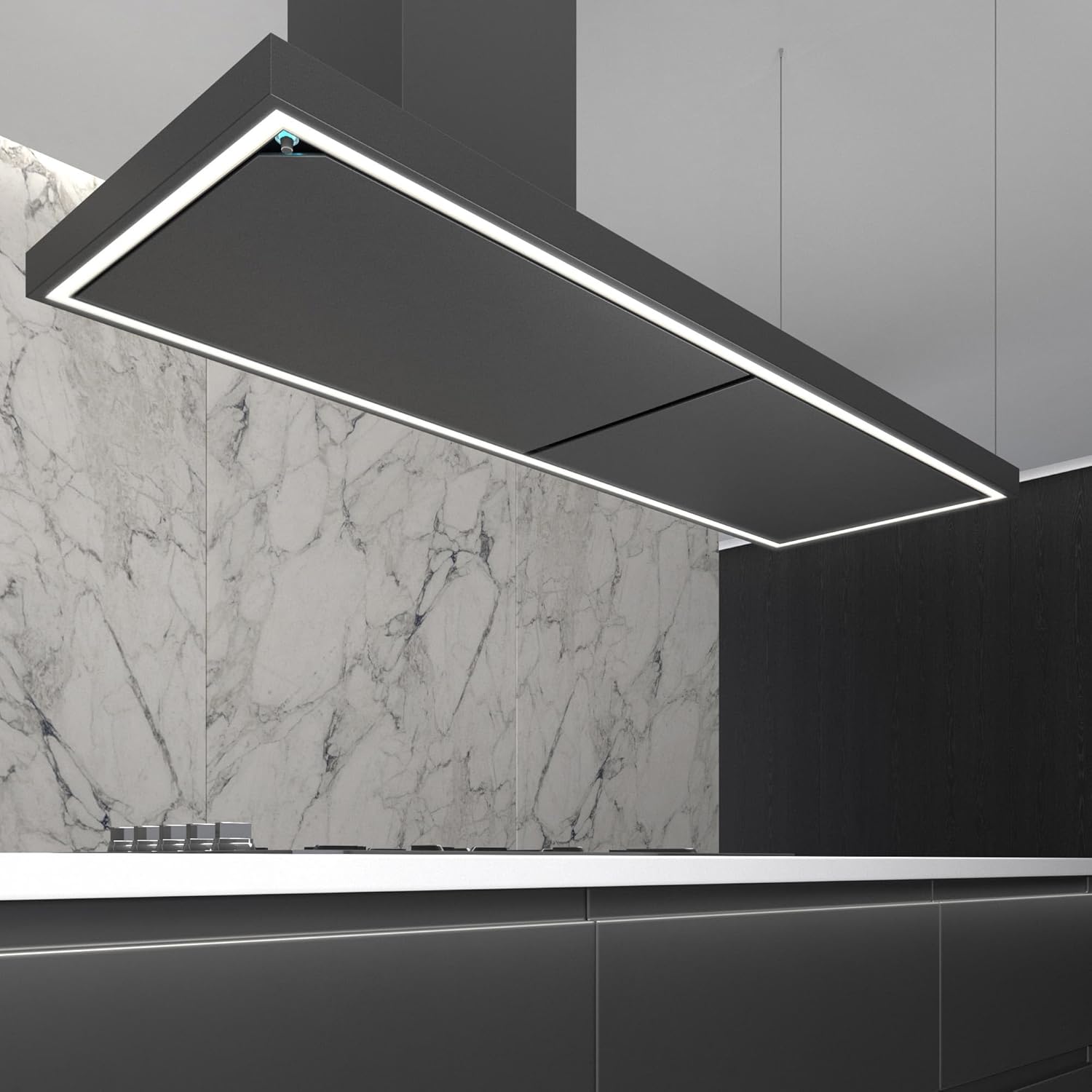 Futuro Futuro Turo Black 69 Inch Island-mount Range Hood, Contemporary Design, Offset, Painted steel, LED, Ultra-Quiet, with Blower