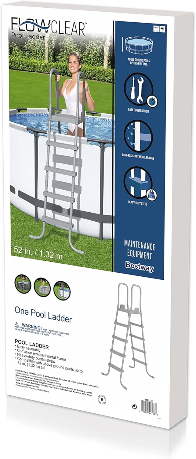 Bestway 58337E 52-Inch Durable Steel Above Ground Swimming Pool Ladder with No-Slip Steps in Gray with Arm Rails and Barrier