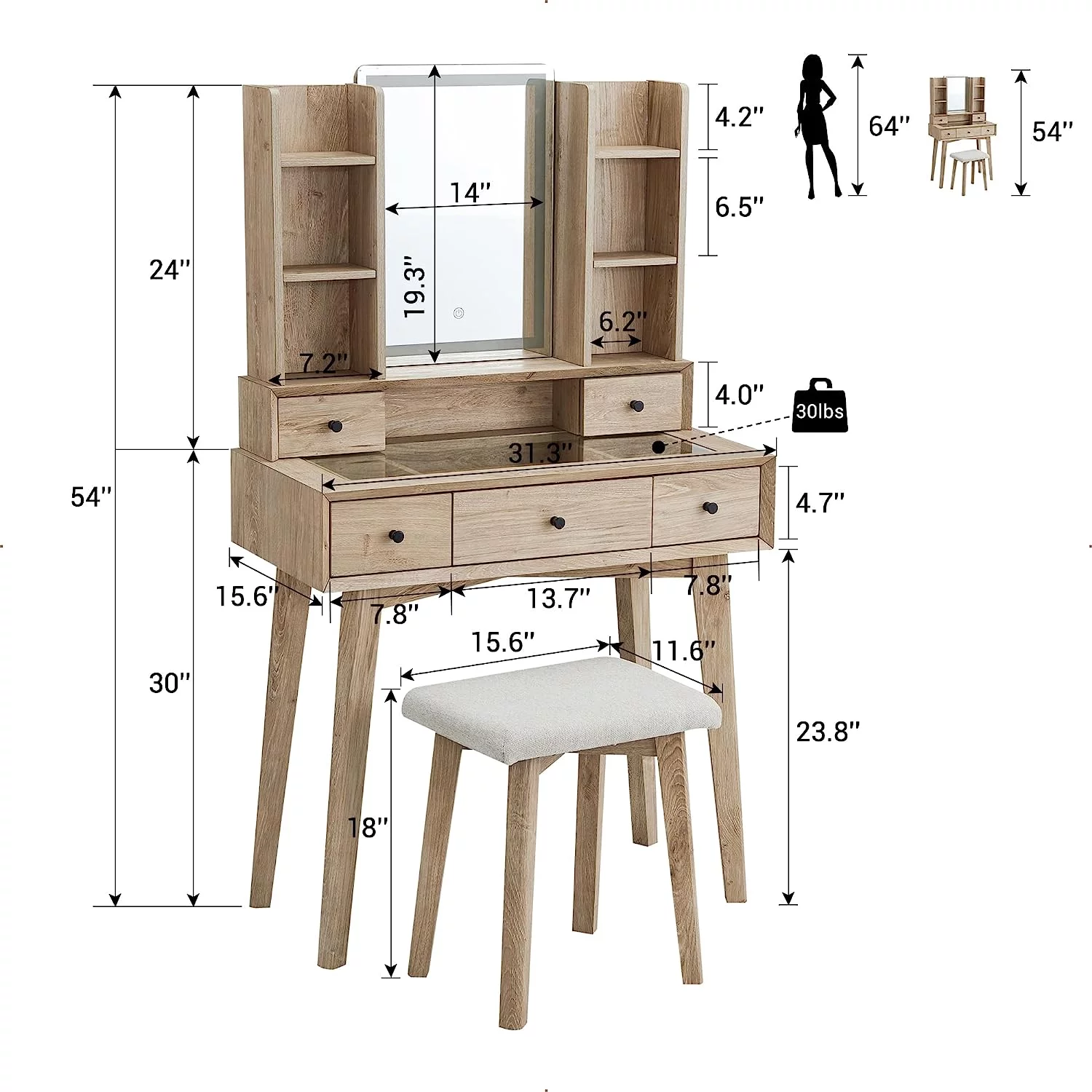 OKD Vanity Set with LED Lighted Mirror and Cushioned Stool, Large Vanity Table Dressing Table Desk with Storage Shelves and 5 Drawers for Bedroom, Natural Oak