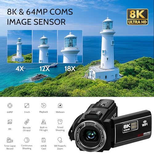 8K Video Camera Camcorder, 64MP IR Night Vision Vlogging Camera,18X Zoom 3.0“ Screen WiFi Camcorder for YouTube with with Microphone, Lens Hood, Stablizer, 64GB SD Card, One 4500mAh Battery