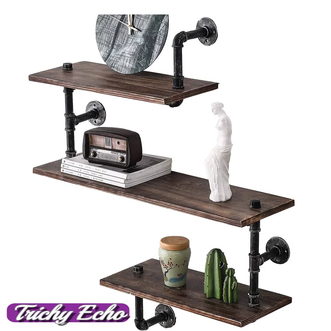 Industrial Floating Pipe Wall Shelves Rustic Wood Shelving 3 Layer Ladder Hanging Bookshelf for Bedroom Office Decor (3 Tier) - Curated Treasures Market