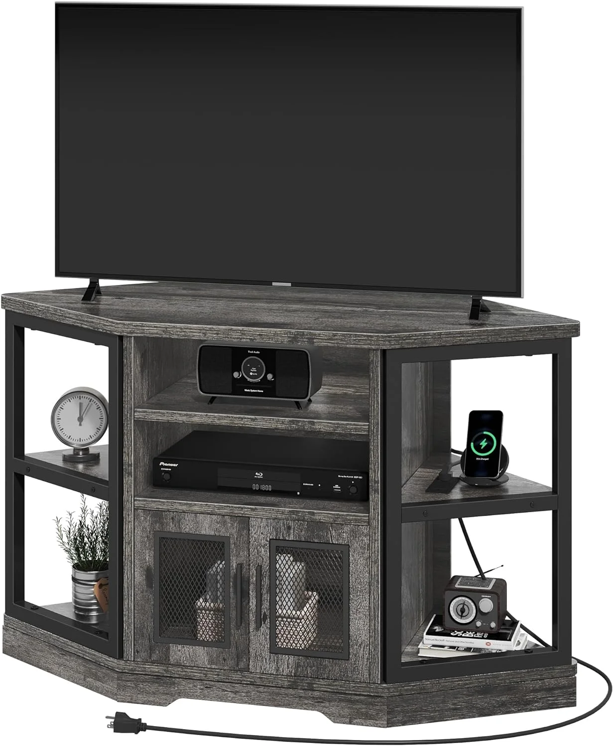FJU Corner TV Stand for TVs up to 55 Inch with Power Outlet, Modern Farmhouse Entertainment Center, Wood TV Media Console with Storage Cabinets Shelves for Living Room Bedroom, Gray Oak