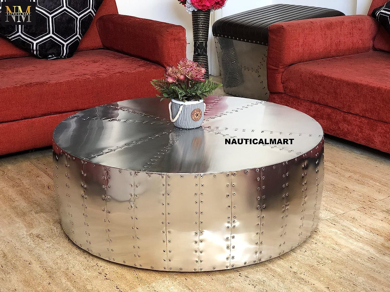 NauticalMart Aluminum Drum Shaped Coffee Table Hammered Coffee Table Aviator Living Room Furniture - Office Decor & Office Furniture (30 Inches)