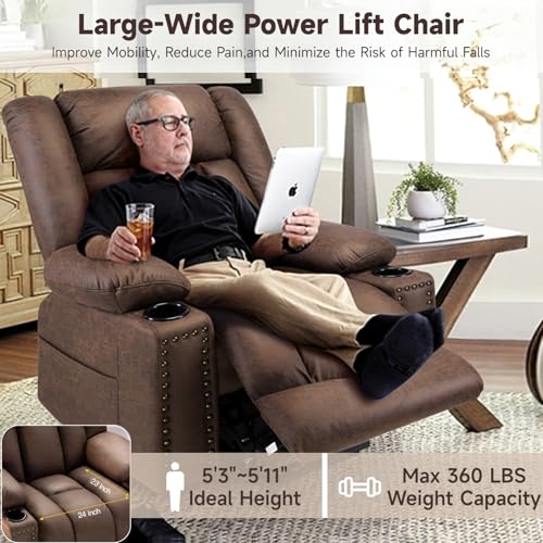 Large Power Lift Chairs Recliners for Elderly with Heated and Massage, Overstuffed Adjustable Lift Chairs, 3 Positions, Breathable Leather, USB-A and USB-C, Cup Holder, Side Pocket Dark Brown