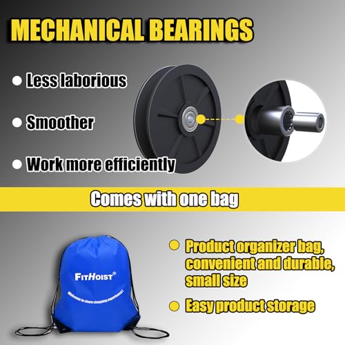 Block and Tackle 4400LBS Breaking Strength Heavy Duty Pulley, 65 Ft Rope Pulley, 7:1 Lifting Power Pulley System, Pulley Hoist with 2 Pcs 8 Ft Lift Sling(Black)
