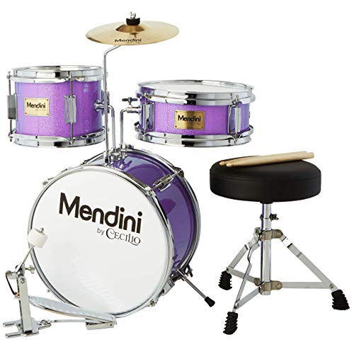 Mendini By Cecilio Kids Drum Set, 3 Piece Junior Drum Set for Beginners with Bass Tom Snare Drum, 16 inch Drum Kit with Snare, Cymbal, Drumsticks, Adjustable Seat (Metallic Red)